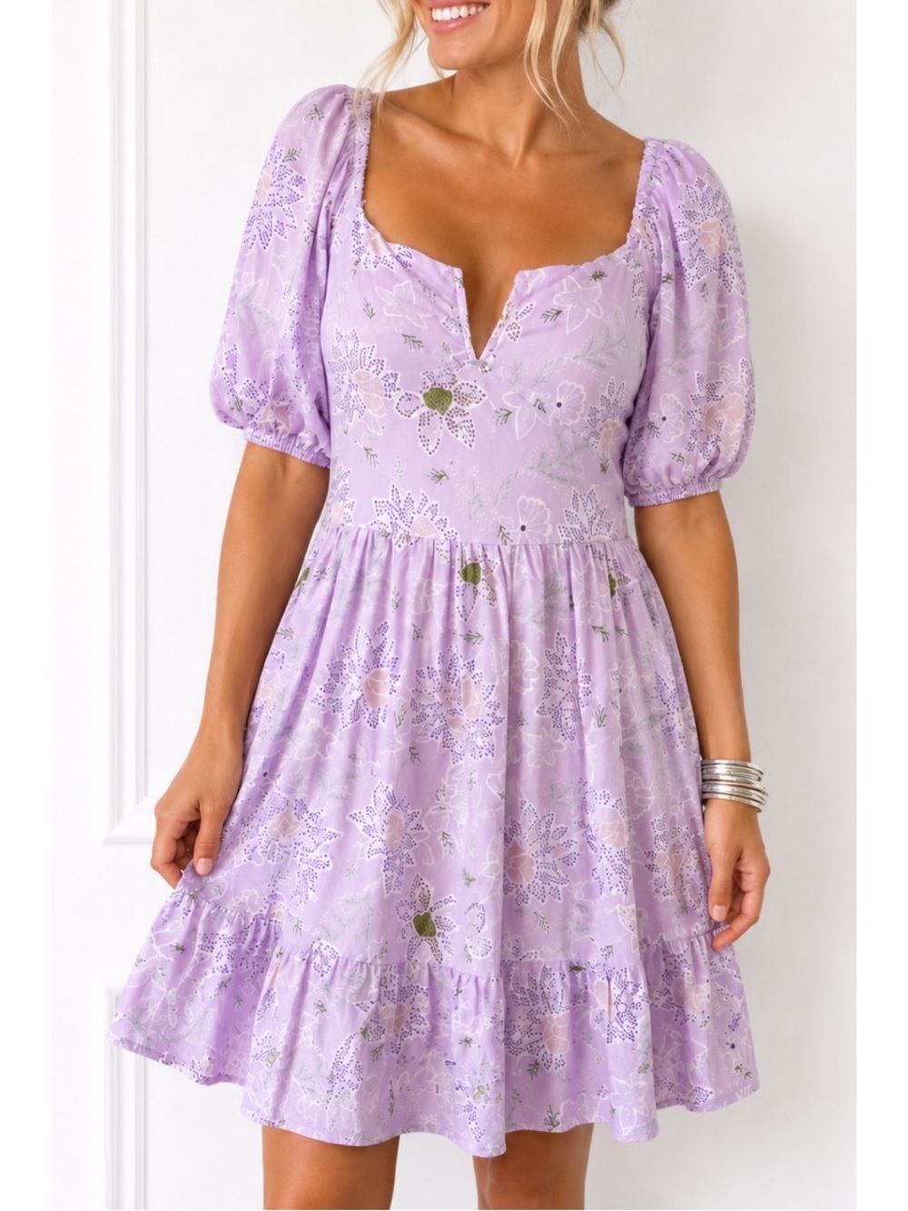 Angie floral puff sleeve skater dress in lavender
